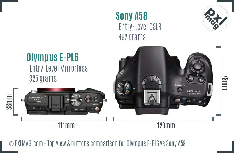 Olympus E-PL6 vs Sony A58 top view buttons comparison