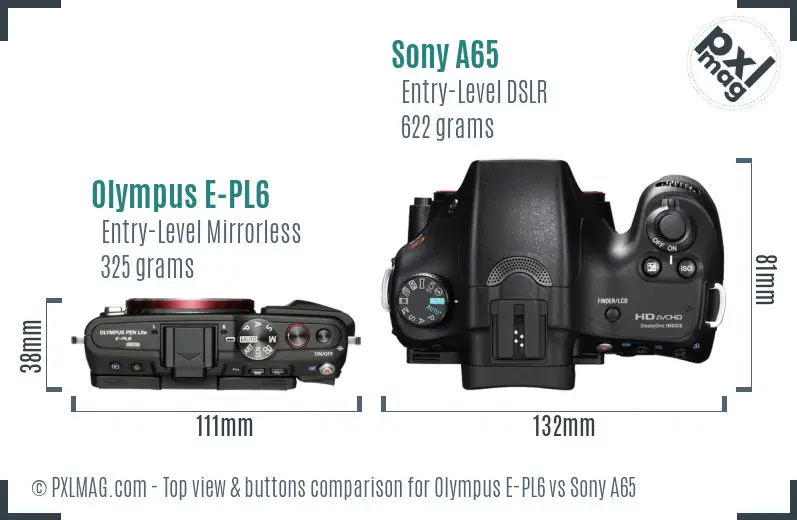 Olympus E-PL6 vs Sony A65 top view buttons comparison