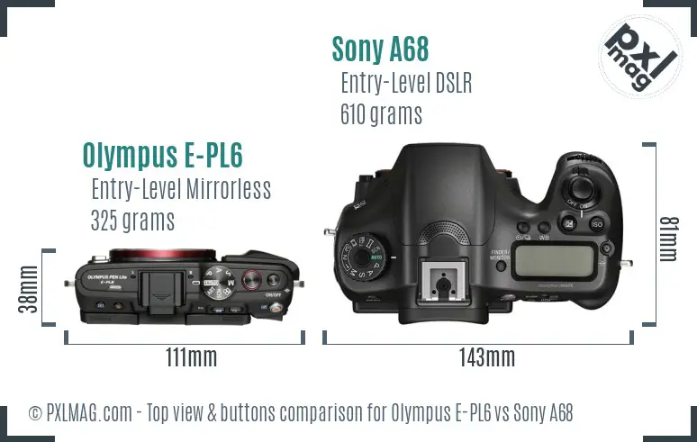 Olympus E-PL6 vs Sony A68 top view buttons comparison