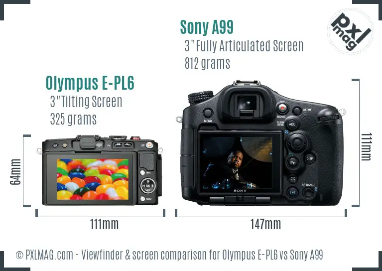 Olympus E-PL6 vs Sony A99 Screen and Viewfinder comparison