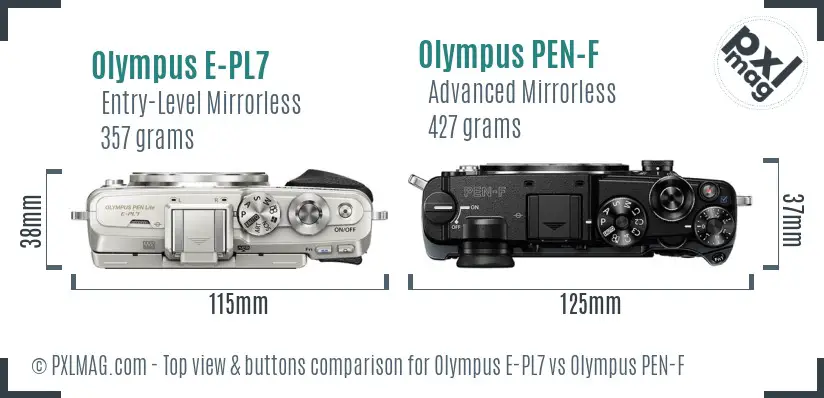 Olympus E-PL7 vs Olympus PEN-F top view buttons comparison