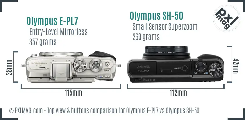 Olympus E-PL7 vs Olympus SH-50 top view buttons comparison