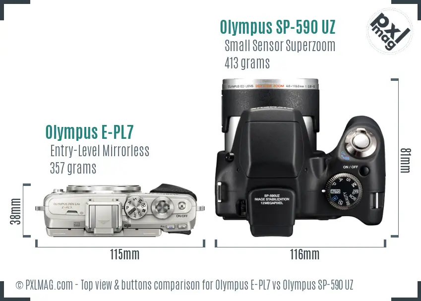 Olympus E-PL7 vs Olympus SP-590 UZ top view buttons comparison