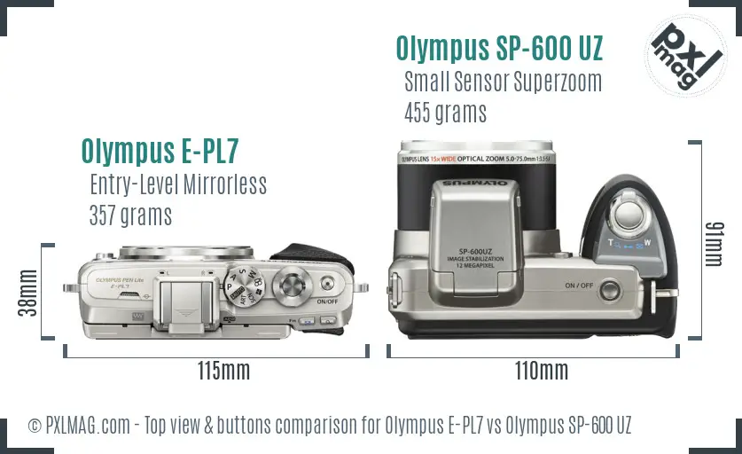 Olympus E-PL7 vs Olympus SP-600 UZ top view buttons comparison