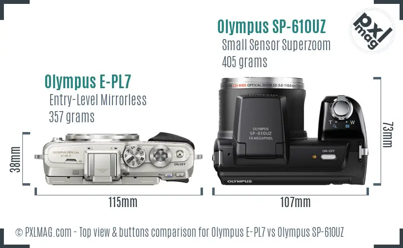 Olympus E-PL7 vs Olympus SP-610UZ top view buttons comparison