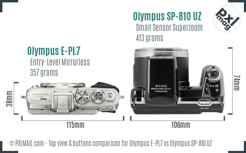 Olympus E-PL7 vs Olympus SP-810 UZ top view buttons comparison