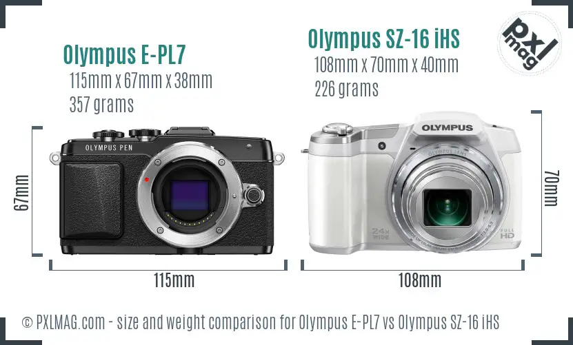 Olympus E-PL7 vs Olympus SZ-16 iHS size comparison