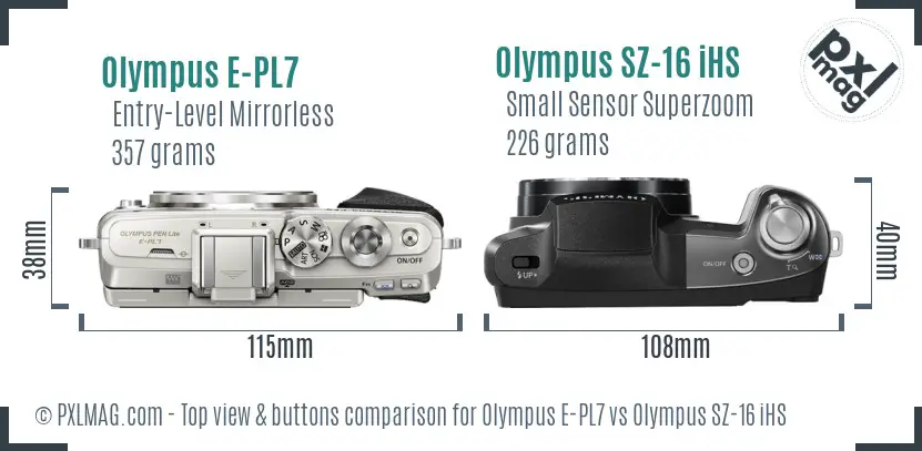 Olympus E-PL7 vs Olympus SZ-16 iHS top view buttons comparison