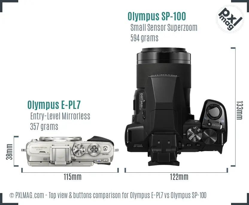 Olympus E-PL7 vs Olympus SP-100 top view buttons comparison