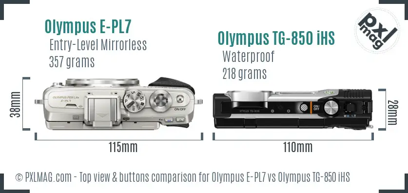 Olympus E-PL7 vs Olympus TG-850 iHS top view buttons comparison