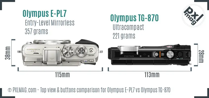 Olympus E-PL7 vs Olympus TG-870 top view buttons comparison