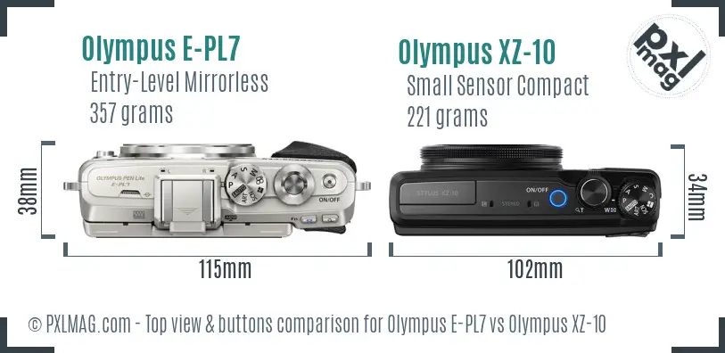 Olympus E-PL7 vs Olympus XZ-10 top view buttons comparison