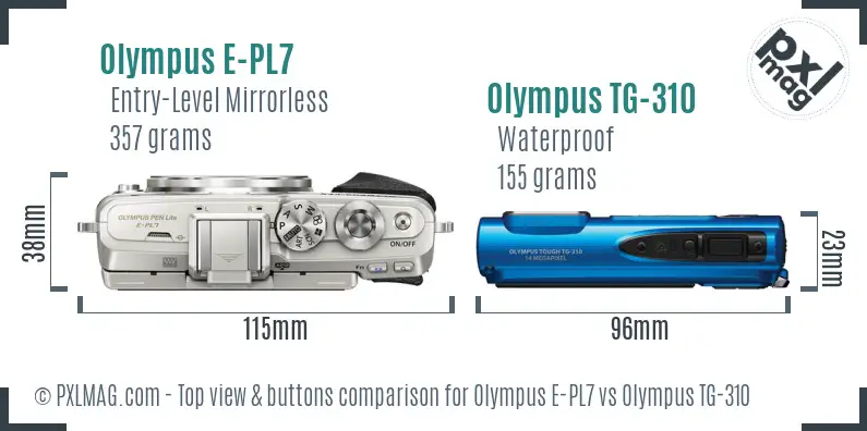 Olympus E-PL7 vs Olympus TG-310 top view buttons comparison