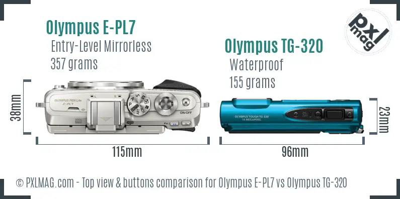 Olympus E-PL7 vs Olympus TG-320 top view buttons comparison