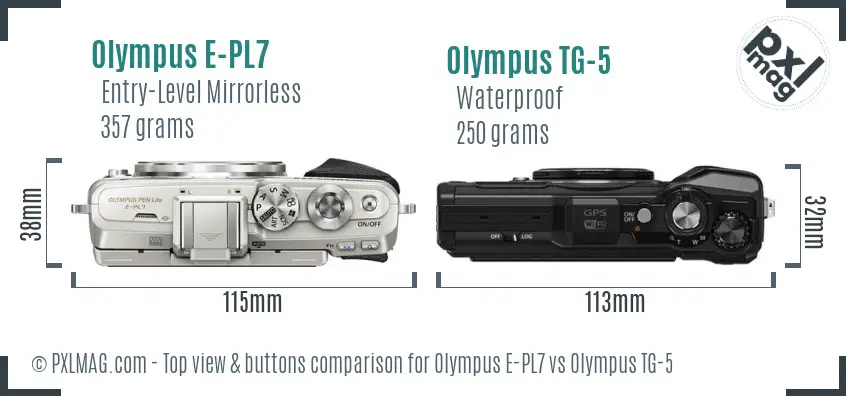 Olympus E-PL7 vs Olympus TG-5 top view buttons comparison