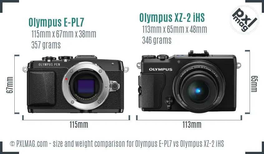 Olympus E-PL7 vs Olympus XZ-2 iHS size comparison