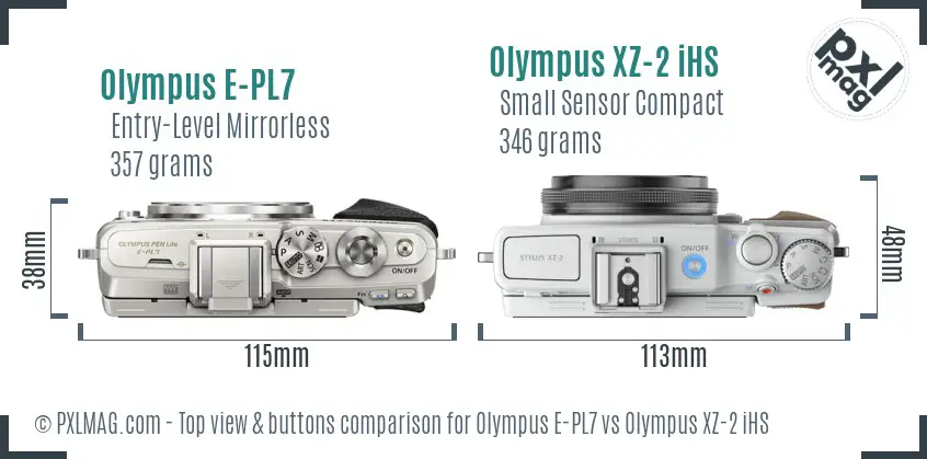 Olympus E-PL7 vs Olympus XZ-2 iHS top view buttons comparison