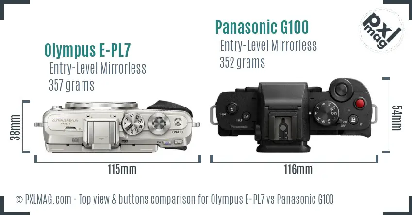 Olympus E-PL7 vs Panasonic G100 top view buttons comparison