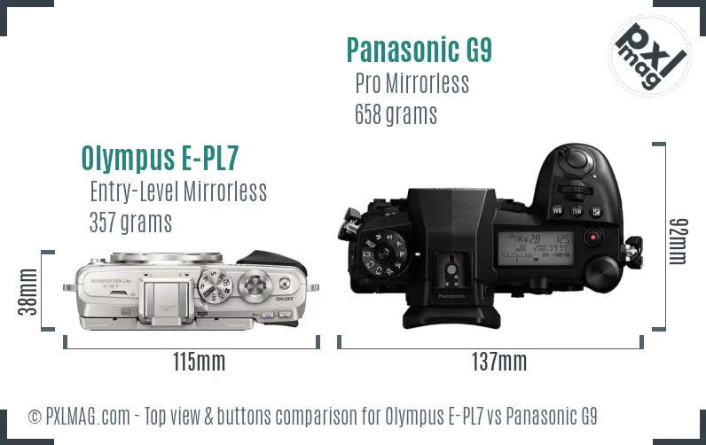 Olympus E-PL7 vs Panasonic G9 top view buttons comparison