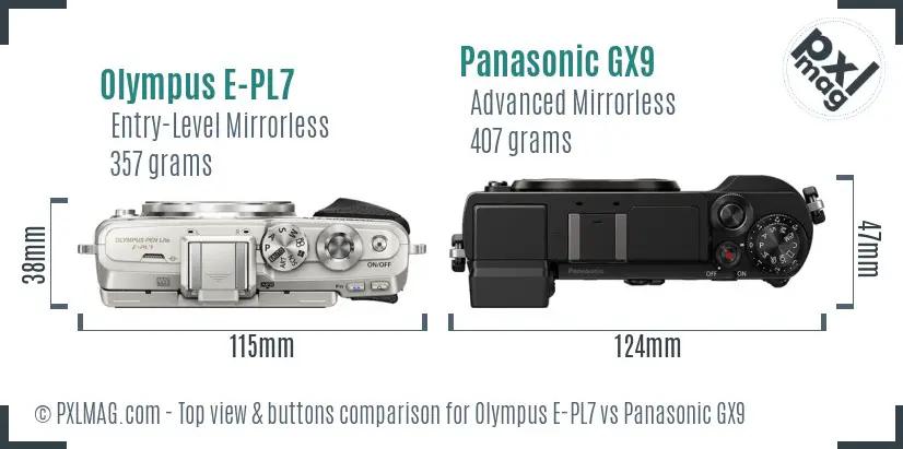 Olympus E-PL7 vs Panasonic GX9 top view buttons comparison