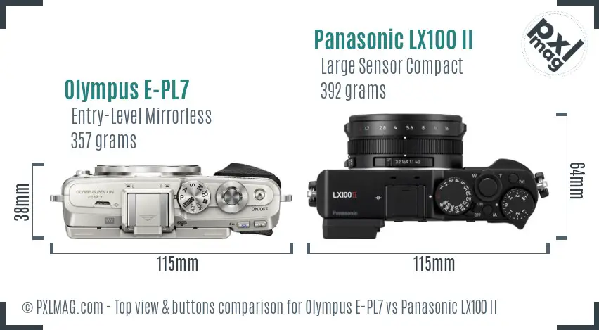 Olympus E-PL7 vs Panasonic LX100 II top view buttons comparison