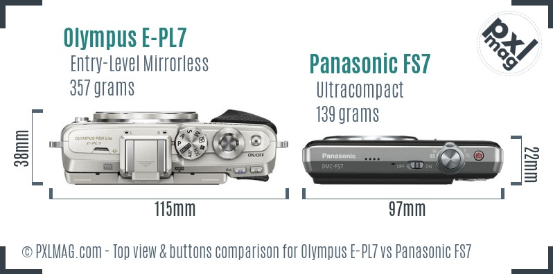 Olympus E-PL7 vs Panasonic FS7 top view buttons comparison