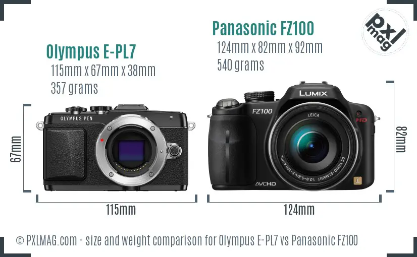 Olympus E-PL7 vs Panasonic FZ100 size comparison