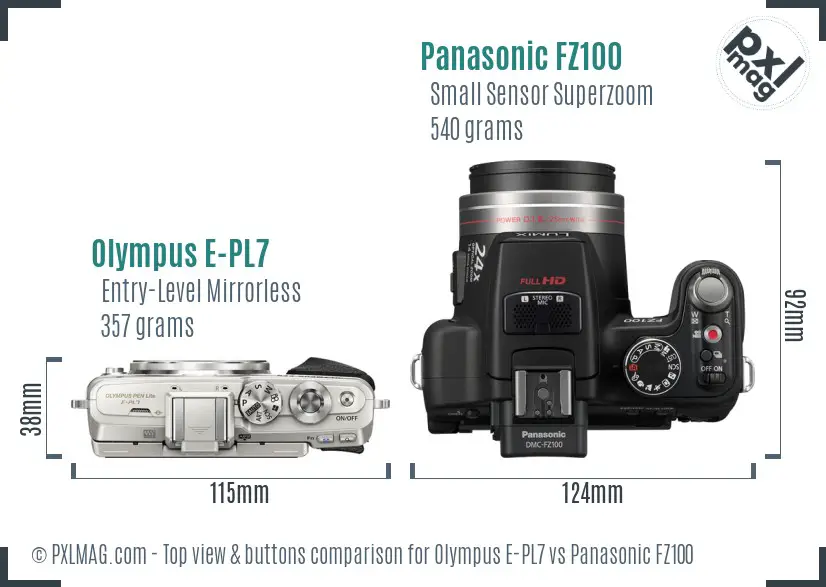 Olympus E-PL7 vs Panasonic FZ100 top view buttons comparison
