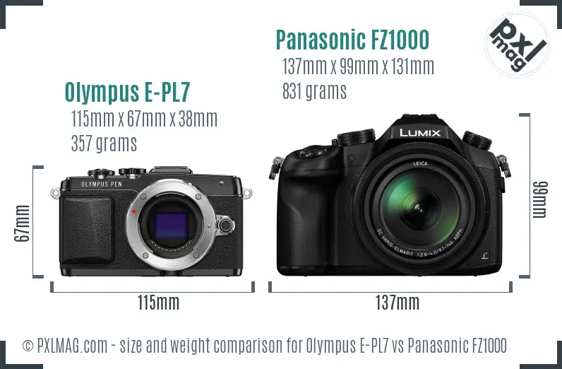 Olympus E-PL7 vs Panasonic FZ1000 size comparison
