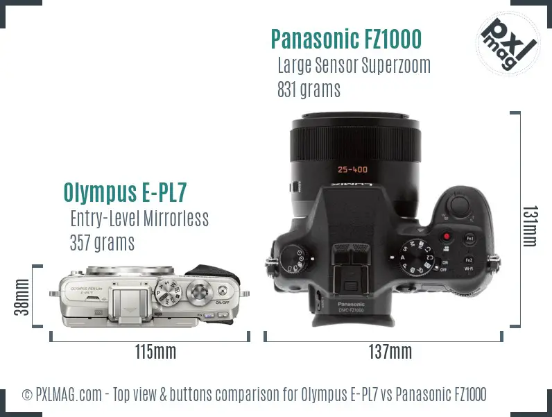Olympus E-PL7 vs Panasonic FZ1000 top view buttons comparison
