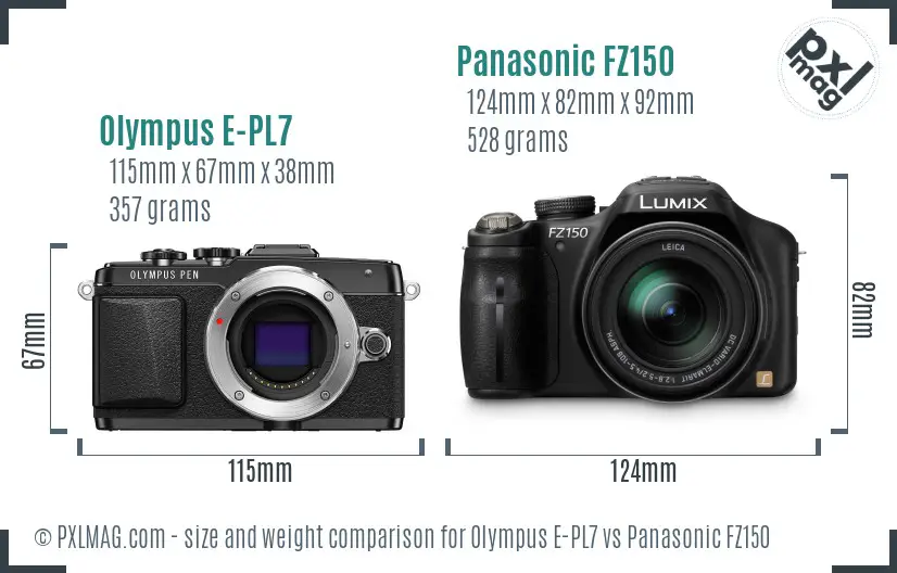 Olympus E-PL7 vs Panasonic FZ150 size comparison