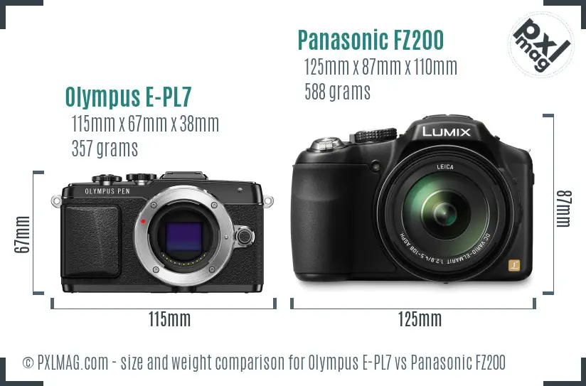 Olympus E-PL7 vs Panasonic FZ200 size comparison
