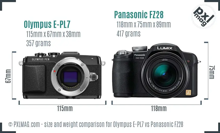 Olympus E-PL7 vs Panasonic FZ28 size comparison