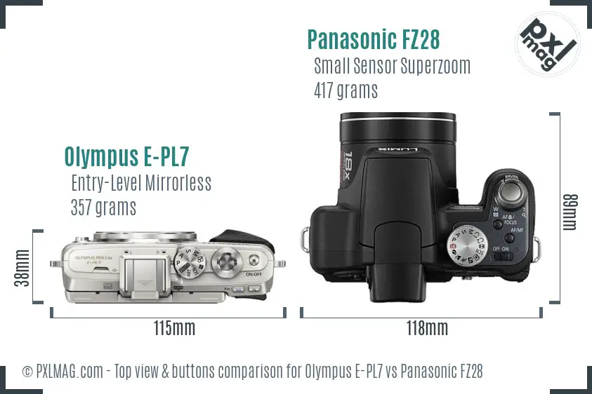 Olympus E-PL7 vs Panasonic FZ28 top view buttons comparison