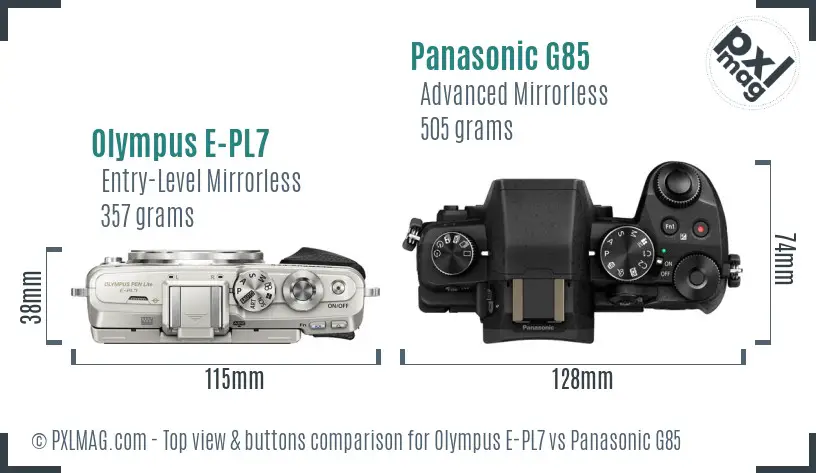 Olympus E-PL7 vs Panasonic G85 top view buttons comparison