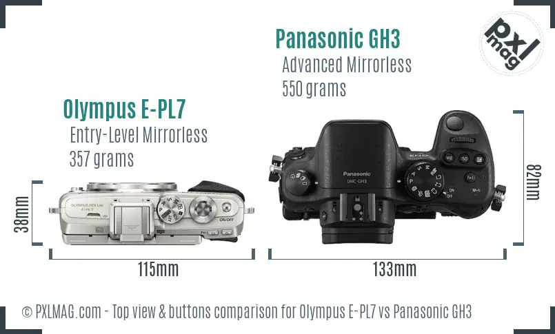 Olympus E-PL7 vs Panasonic GH3 top view buttons comparison
