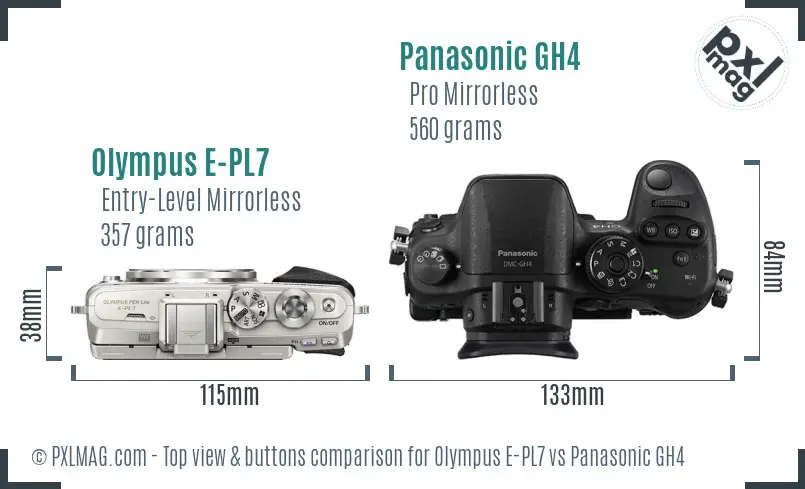 Olympus E-PL7 vs Panasonic GH4 top view buttons comparison