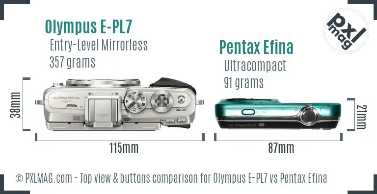 Olympus E-PL7 vs Pentax Efina top view buttons comparison