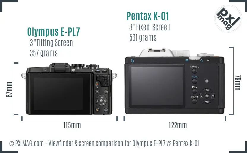 Olympus E-PL7 vs Pentax K-01 Screen and Viewfinder comparison