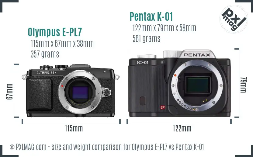 Olympus E-PL7 vs Pentax K-01 size comparison