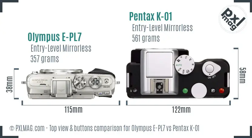Olympus E-PL7 vs Pentax K-01 top view buttons comparison
