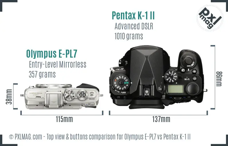 Olympus E-PL7 vs Pentax K-1 II top view buttons comparison