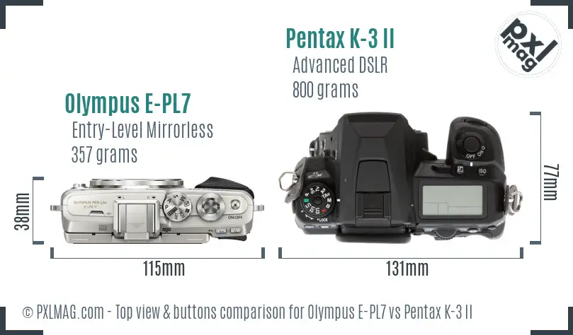 Olympus E-PL7 vs Pentax K-3 II top view buttons comparison