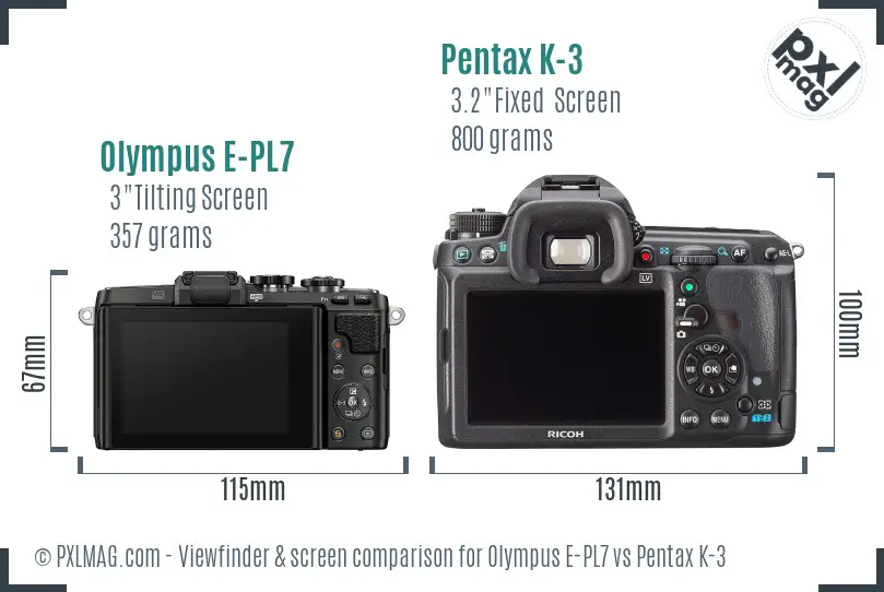 Olympus E-PL7 vs Pentax K-3 Screen and Viewfinder comparison