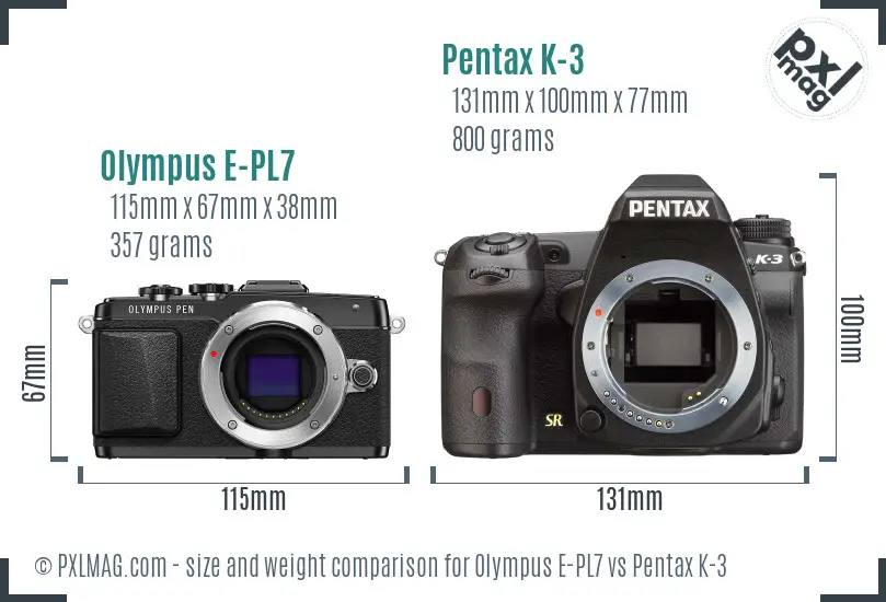Olympus E-PL7 vs Pentax K-3 size comparison