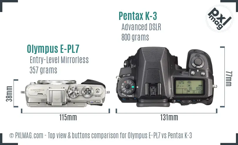 Olympus E-PL7 vs Pentax K-3 top view buttons comparison