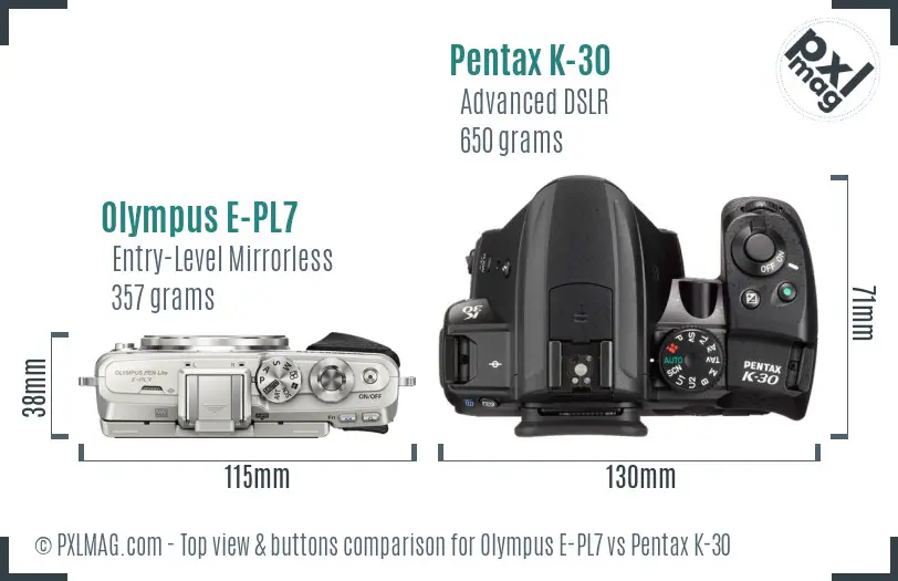 Olympus E-PL7 vs Pentax K-30 top view buttons comparison