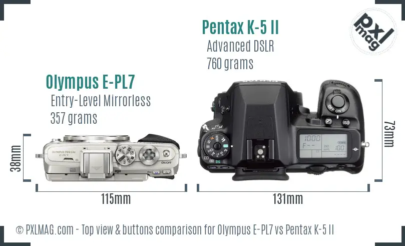 Olympus E-PL7 vs Pentax K-5 II top view buttons comparison