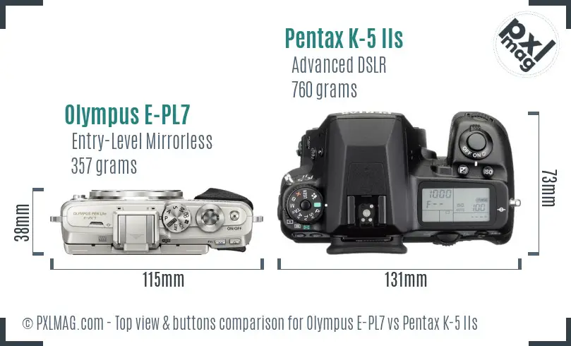 Olympus E-PL7 vs Pentax K-5 IIs top view buttons comparison