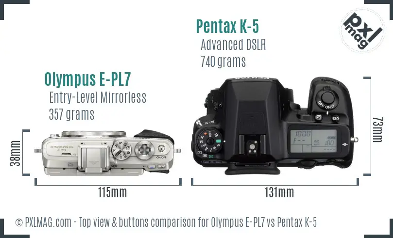Olympus E-PL7 vs Pentax K-5 top view buttons comparison